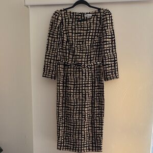 Calvin Klein Black and Tan Grid Long Sleeve Dress